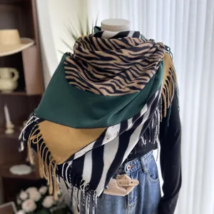 Women imitation cashmere scarf zebra print color block fringe shawl winter warm wrap