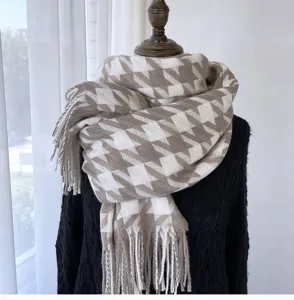 Large houndstooth scarf for women, warm imitation cashmere winter tassel wrap shawl.
