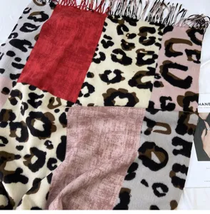 Detailed close-up view of women cashmere feel color block leopard print winter shawl