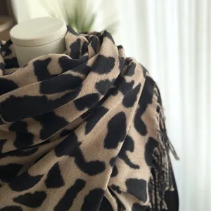 Winter imitation cashmere scarf for women, classic leopard print tassel shawl warm neck warmer