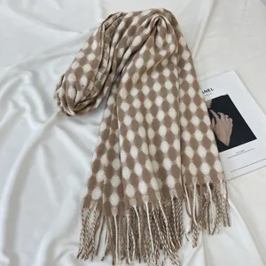 Women winter warm cashmere feel tassel scarf with chic round grid pattern beige white.
