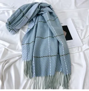 Blue plaid winter tassel scarf, soft cashmere feel shawl, warm cozy neck wrap for women.