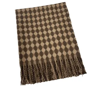 Women autumn winter thick imitation cashmere scarf with retro brown grid pattern and tassel.