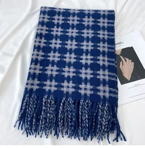 Cozy blue and grey plaid winter scarf with fringe detail, soft warm fashion neckerchief.