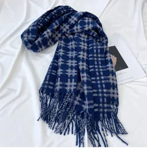 Blue plaid cashmere-feel winter scarf with tassels for women, warm retro student neckerchief.