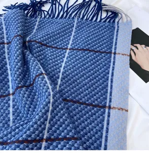 Blue plaid scarf detail, thick imitation cashmere winter shawl, soft cozy fashion neck wrap.