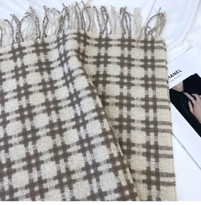 Brown and white plaid scarf for women winter warm imitation cashmere shawl with cute tassels.