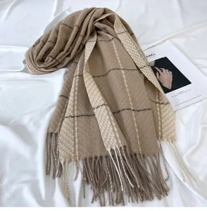 Autumn winter cashmere feel plaid scarf women thick warm fashion fringe shawl winter neck wrap