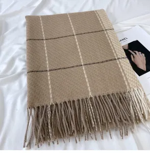 Autumn winter women plaid cashmere feel scarf detail view, thick warm shawl for daily wear.