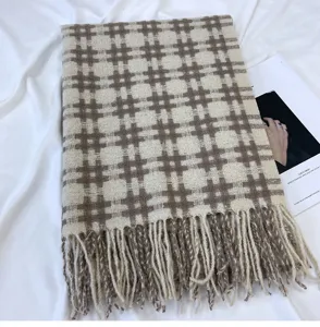 Classic grid pattern imitation cashmere scarf with fringe hem, cozy winter warm accessory.