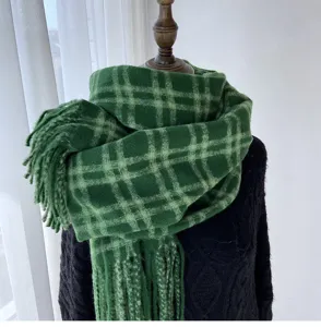 Green plaid winter scarf detail, cozy cashmere-feel fabric, retro student style neck warmer.