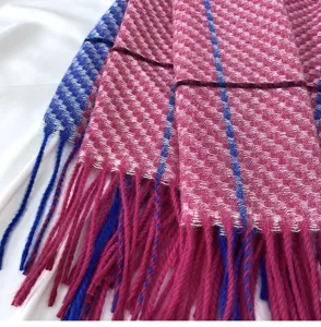 Pink and blue plaid pattern scarf detail, soft cashmere feel winter tassel scarf warm.