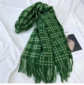 Classic green plaid winter scarf for women, soft faux cashmere warm tassel shawl accessory.