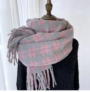Winter warm grey pink hashtag pattern tassel scarf cozy soft cashmere-feel neck wrap detail view