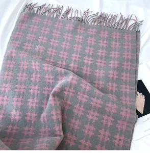Grey pink plaid grid winter scarf women soft warm tassel shawl cozy fashion neck wrap accessory