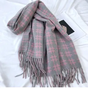 Grey and pink plaid knitted scarf for women, soft winter warm tassel shawl and cozy neck wrap.