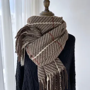 Autumn winter warm plaid scarf for women, soft imitation cashmere tassel neck wrap.