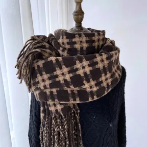 Cozy brown plaid winter scarf with fringe, soft imitation cashmere for women, warm daily wear.