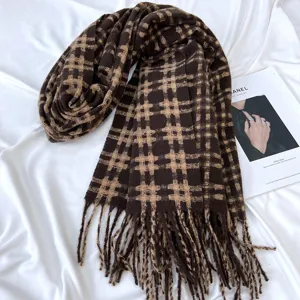 Vintage brown plaid winter scarf for women, warm soft tassel cashmere feel neck wrap shawl.