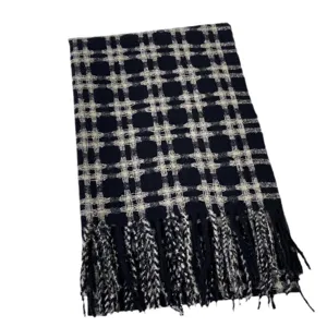 Classic black and white plaid winter scarf with cozy fringes, warm imitation cashmere shawl.