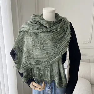 Women long crinkled frayed scarf versatile olive green beach shawl sun protection wrap
