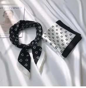 Silk scarf women small square spring autumn Korean versatile black white letter D neck scarf