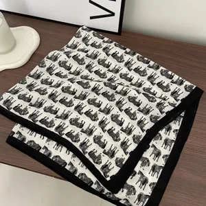 Cotton linen retro horse print square scarf stylish black border neckerchief chic