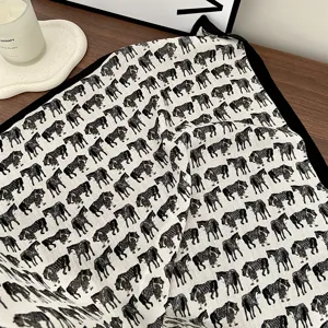 Vintage horse print cotton linen square scarf with elegant black border, chic accessory.