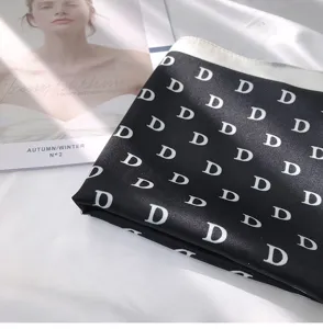 Black and white silk scarf with D letter monogram, elegant thin square neck scarf for women.