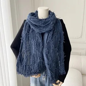 Dark blue crinkled fringe long scarf detail shot, perfect for summer beach and daily fashion wear.