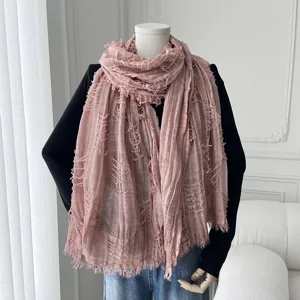 Pink frayed long scarf for women, lightweight gauze shawl for summer sun protection and travel.