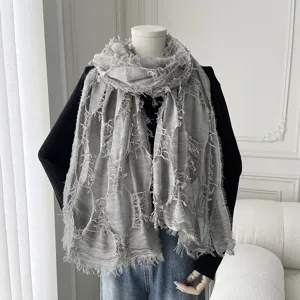 Grey distressed fringe scarf for women, lightweight summer shawl and beach sun protection wrap.