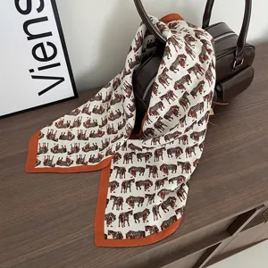 Vintage horse print cotton linen square scarf, chic orange border stylish bag neckerchief.