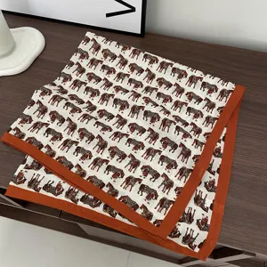 Vintage horse print cotton linen small square scarf detail, elegant orange border neckerchief.
