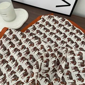 Vintage horse print cotton linen square scarf with orange border for women fashion accessories