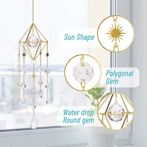 Brass crystal suncatcher window hanging detail view with geometric prism and sparkling gems.