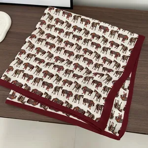 Retro horse print cotton linen square scarf, versatile vintage neckerchief for women.