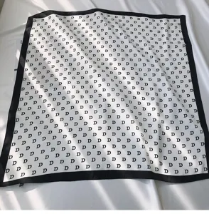 Black and white letter D print square silk scarf, chic minimalist spring neckerchief accessory.