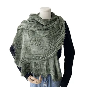 Women long distressed gauze scarf casual vintage beach shawl wrap versatile summer green shawl
