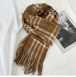 Classic brown plaid tassel scarf for women and men, soft winter warm tartan cashmere scarf.