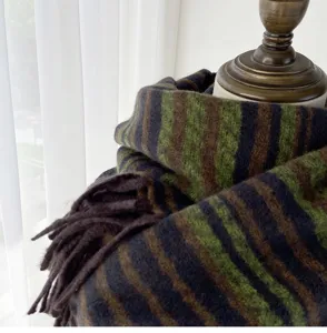 Women winter striped cashmere feel tassel scarf soft warm neckerchief detail shot.