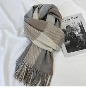 Cozy winter plaid tassel scarf for women, thick soft warm long check wrap neckwear