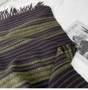 Detailed view of the women's cozy autumn winter tassel striped cashmere-feel scarf.