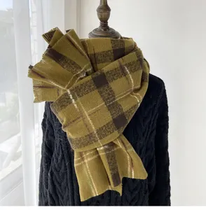 Detailed view of the winter retro plaid scarf showcasing thick knit texture and soft fringe edges.