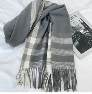Grey and white plaid winter scarf for women, cozy cashmere-feel tassel fringe shawl wrap.