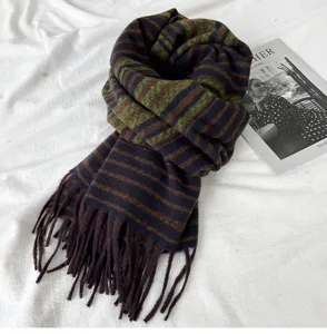 Women autumn winter chunky knit striped scarf with tassels warm cozy winter neck wrap