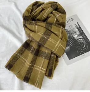 Detailed close-up of the retro green plaid winter scarf, showing soft warm woolen texture.