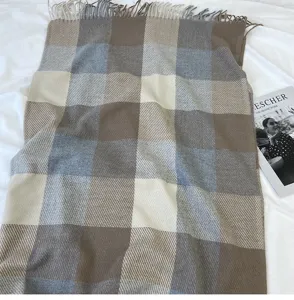 Cozy winter plaid scarf for women, warm long tassel shawl and versatile couple neckerchief.