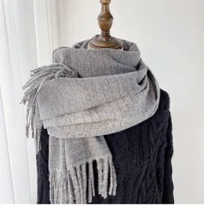 Grey winter fringe scarf detail showing soft cashmere-like texture and cozy knit design.