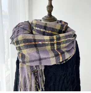 Cozy winter plaid scarf for women, thick cashmere-feel tassel shawl, stylish cold weather wrap.